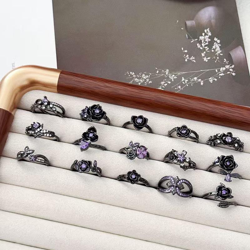 Винтажное кольцо с темной лозой, розово-фиолетовым бриллиантом, открытое кольцо-лепесток, нишевое, с высоким чувством стиля, простое кольцо