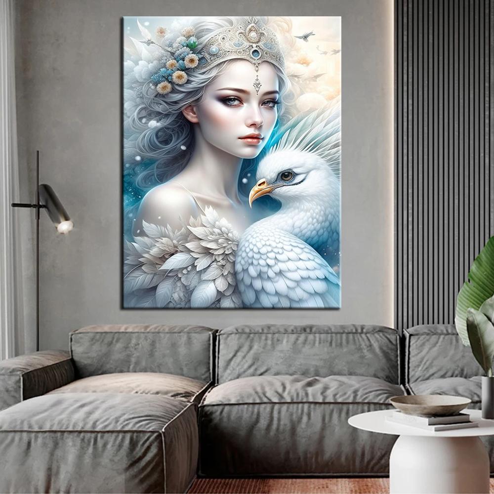 White Peacock and Girl 5D Full Round Diamond Painting Kits Zen Art Buddhist Sculpture DIY Drills Mosaic Embroidery Cross-stitch J3954