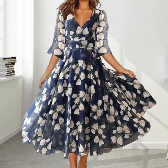 Рукав до половины Цветочный принт V-образный вырез А-силуэт Большой свободный крой Плиссированная сетка Пэчворк Длина до середины икры