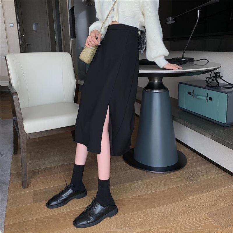 2021 Plus Size High Waist A-Line Midi Skirt - Black Slimming Bodycon with Slit