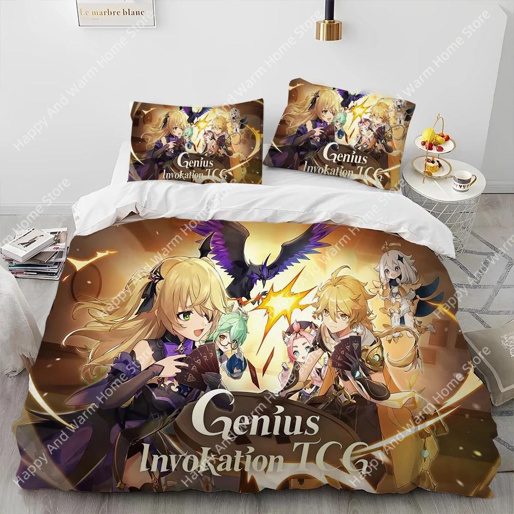 Игровой набор постельного белья Genshin Impact, Теплое одеяло с принтом, Мягкое пододеяльник, Комплект постельного белья, Удобная наволочка для подушки, Размеры king Queen