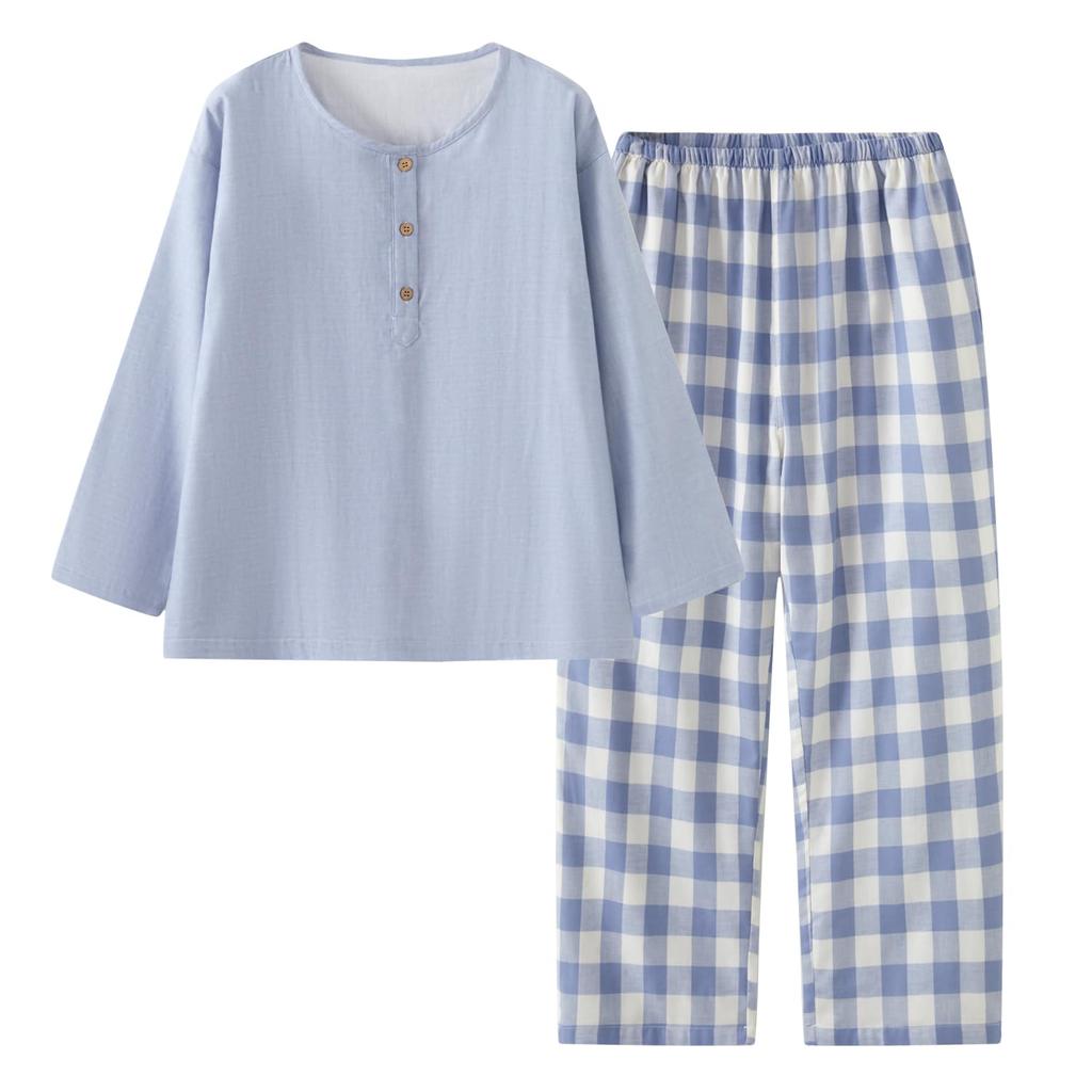 Euyqs Хлопковая пижама с длинным рукавом, топ хенли и одежда для дома, комплект в светло-голубую клетку, брюки, (JP, Алфавит, XL, Узор)