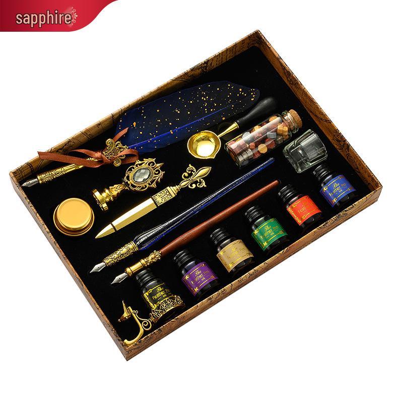 British Style Gold Splatter Feather Pen Set with Custom Logo - Ink Dipping Set, Birthday Gift