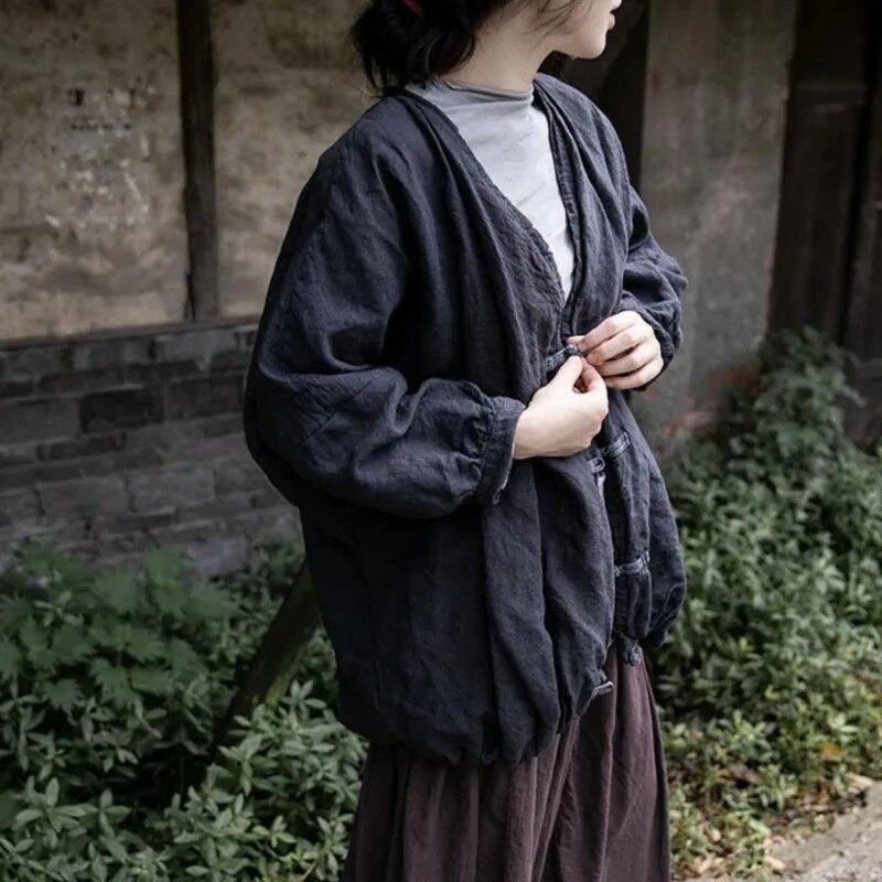 Johnature Женские теплые парки в китайском стиле с v-образным вырезом и длинным рукавом, черно-серые зимние пальто на пуговицах, свободные женские винтажные парки