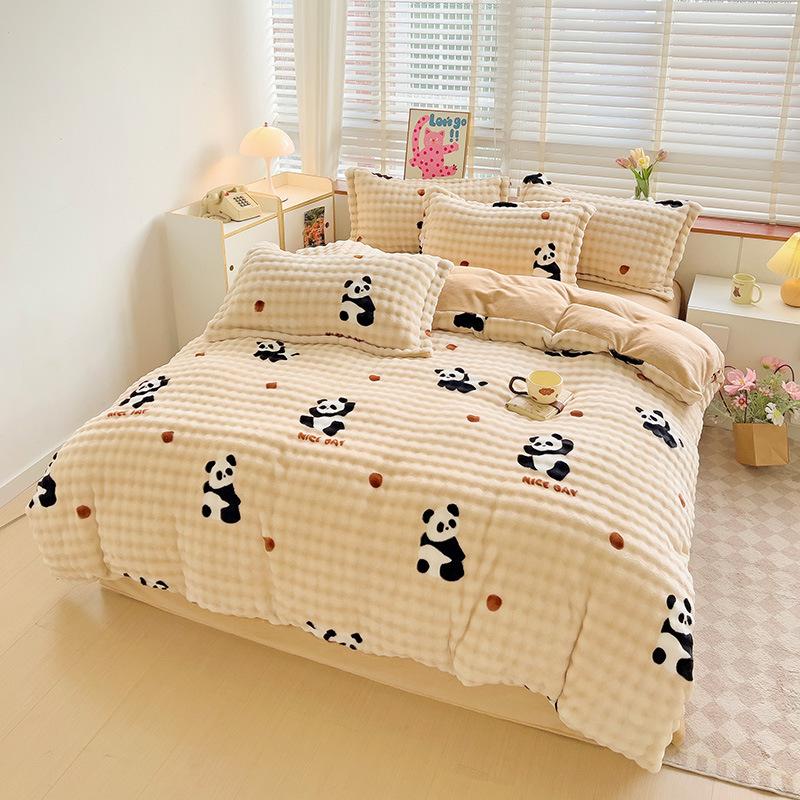 Light luxury thickened milk fleece four-piece set imitation rabbit fleece carved quilt cover high-end bed sheet household warm bedding three-piece set