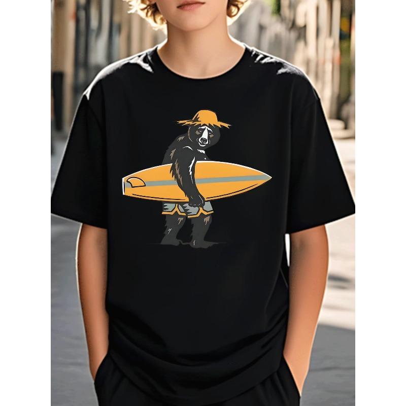 European sizes Boys T-Shirt Summer Casual Trendy Bear with Surfboard Hat Trunks Graphic Kids Wear for Boys Ages 5-13 Street Style Casual Wear