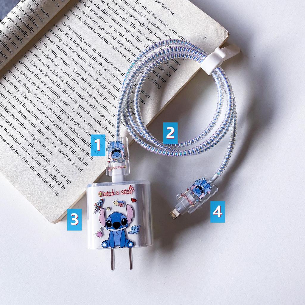 Комплект защиты кабеля данных Apple: Зарядная головка 20 Вт, прозрачный мультяшный дизайн, набор из 4 предметов