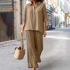 Women's Cotton Linen 2 Piece Set Casual Lapel V Neck Short Sleeve Top Wide Leg Pants Set Summer Loose Lounge Outfits