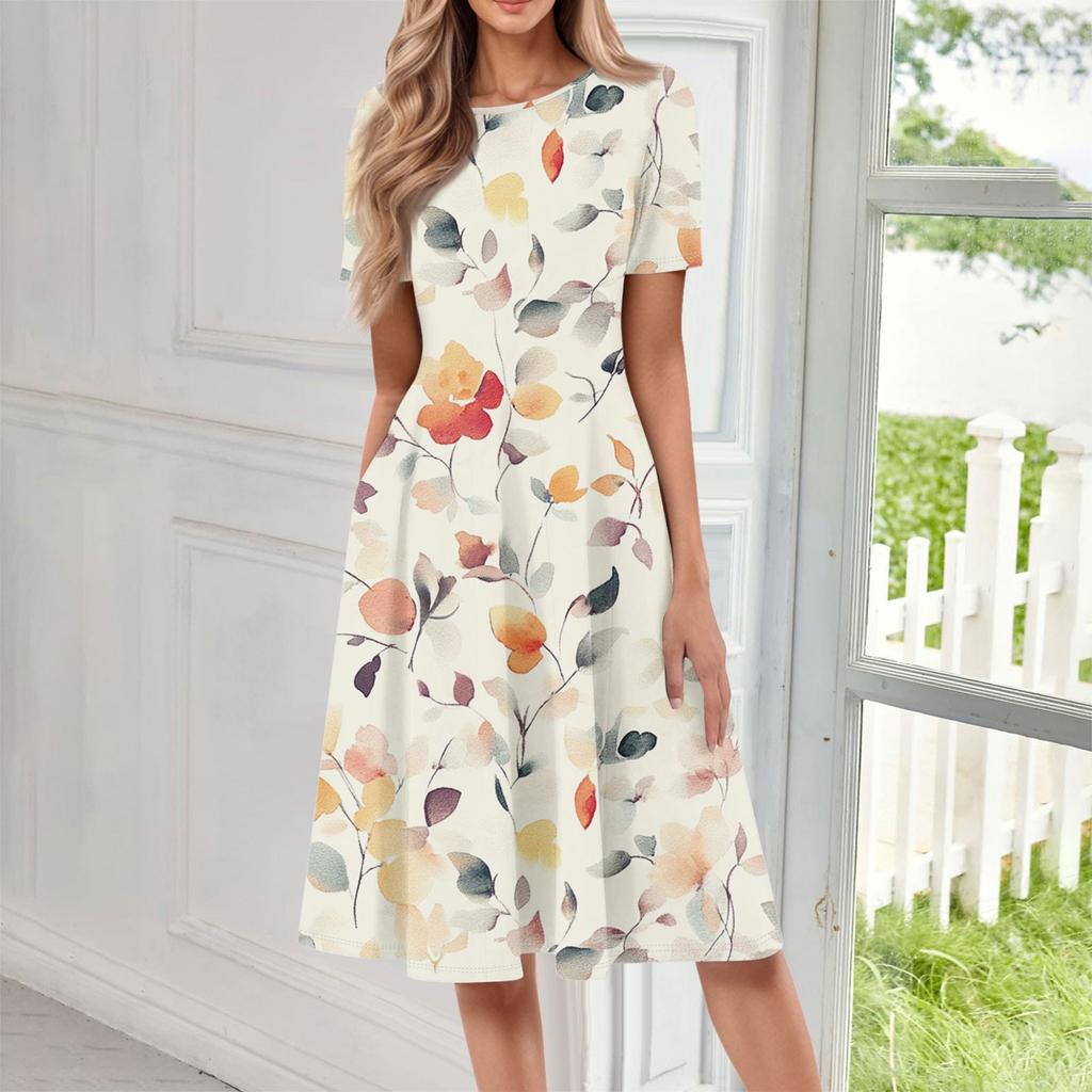 Женское повседневное модное платье миди с круглым вырезом и коротким рукавом с цветочным принтом