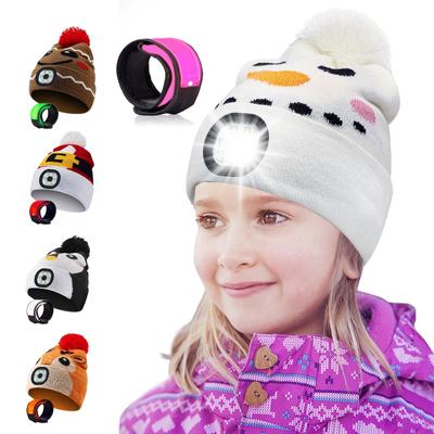 Детская светодиодная шапка с USB-перезаряжаемой налобной лампой и светодиодным браслетом. Зимняя теплая вязаная шапка с ночником. Подходит для кемпинга, бега, прогулок.