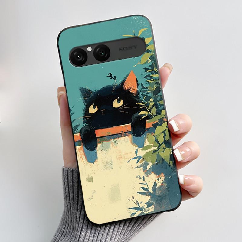 Cute Case For Sony Xperia 10 VII Fundas Capa Printing Shell Protective Cover Soft Silicone Cartoon Black Casing Coque