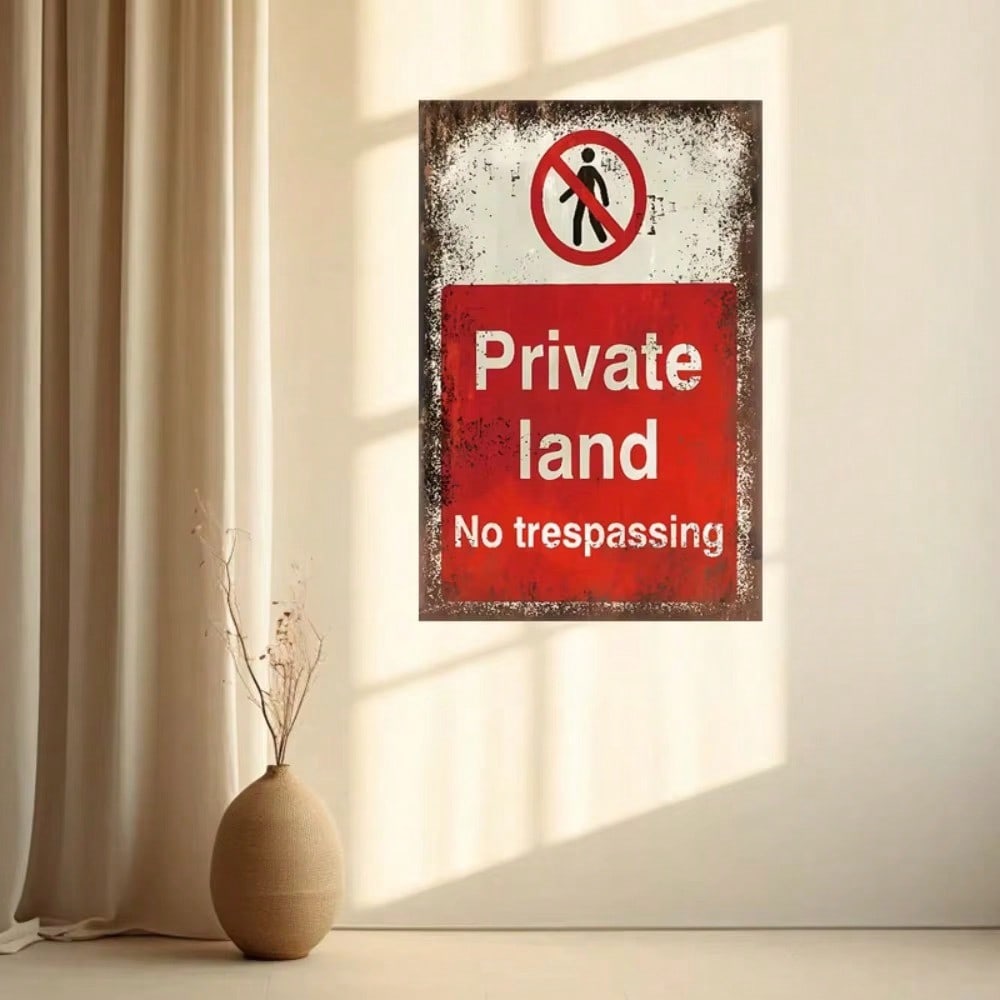 Distressed Finish Vintage "Private Land - No Trespassing" Sign - Durable Iron Wall Decor for Effortless Installation
