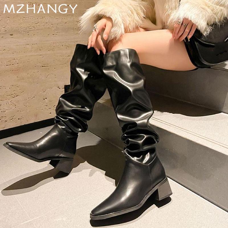 Женские высокие сапоги на среднем каблуке, кожаные массивные плиссированные туфли, женская мода 2024 года, модные ботинки челси, зимние элегантные зимние ботинки Botas Mujer