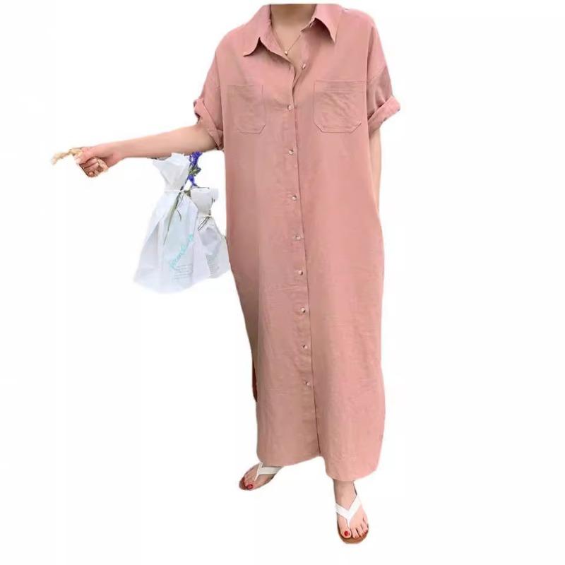 Fashion New Loose Women Shirt Dress Casual Short Sleeve Single Breasted Summer Dresses Female Lapel Solid Office Lady Elegant Long Dress 1308