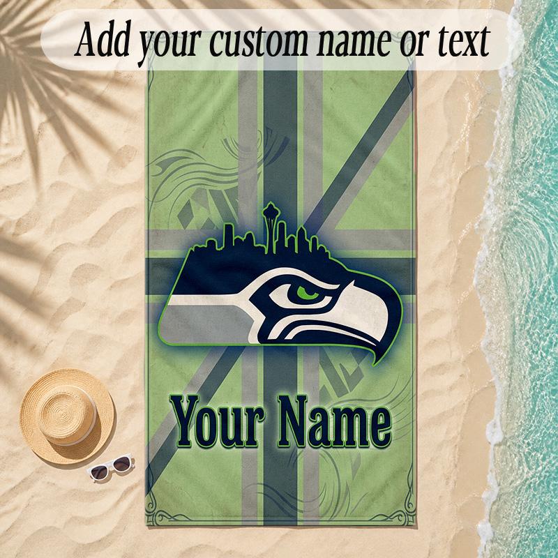 Beach TowelSeattle Seahawks Custom Name Text Personalized Soft Towel for Beach Pool Indoor Home Decor Gift