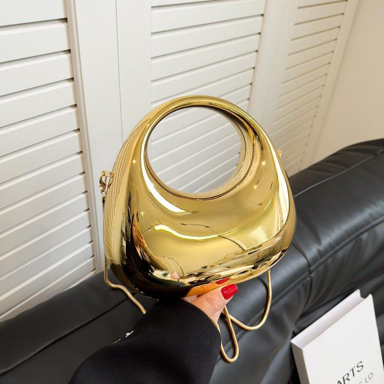 New mini gold evening handbag PVC metallic luster half-moon party women's bag small and versatile round handle messenger bag