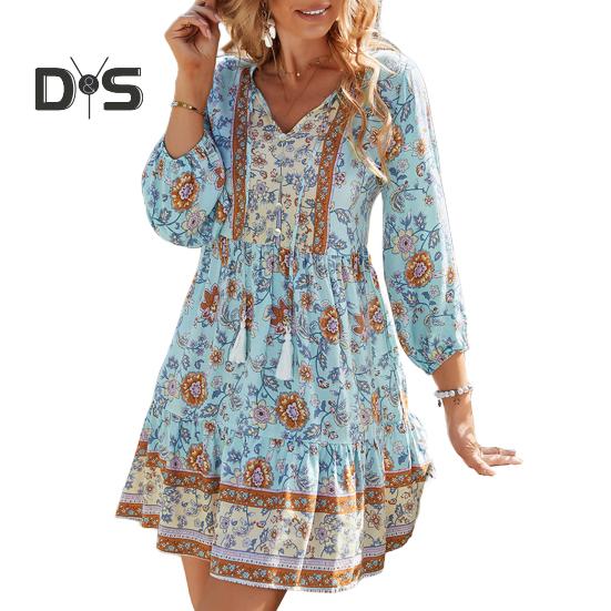 Женское платье в стиле бохо с цветочным принтом, повседневное, с длинным рукавом, струящееся, короткое, свободное, с V-образным вырезом, на пуговицах, платье А-силуэта, мини-пляжное платье-сарафан