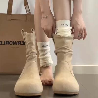 2025 новые ретро круглый носок универсальные на плоской подошве короткие ботинки женские плиссированные ботинки с голенью под юбку повседневные ковбойские ботинки в западном стиле