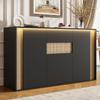 Sideboard/chest of drawers, with 3 doors, 1 drawer and adjustable LED lighting – in black with natural wood grain, 140×40×82cm