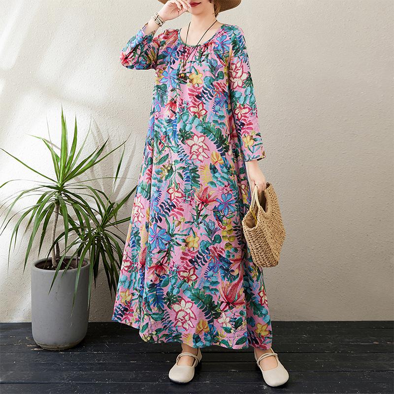 Осеннее литературное свободное платье больших размеров с круглым вырезом и длинными рукавами для весенних женщин в винтажном стиле