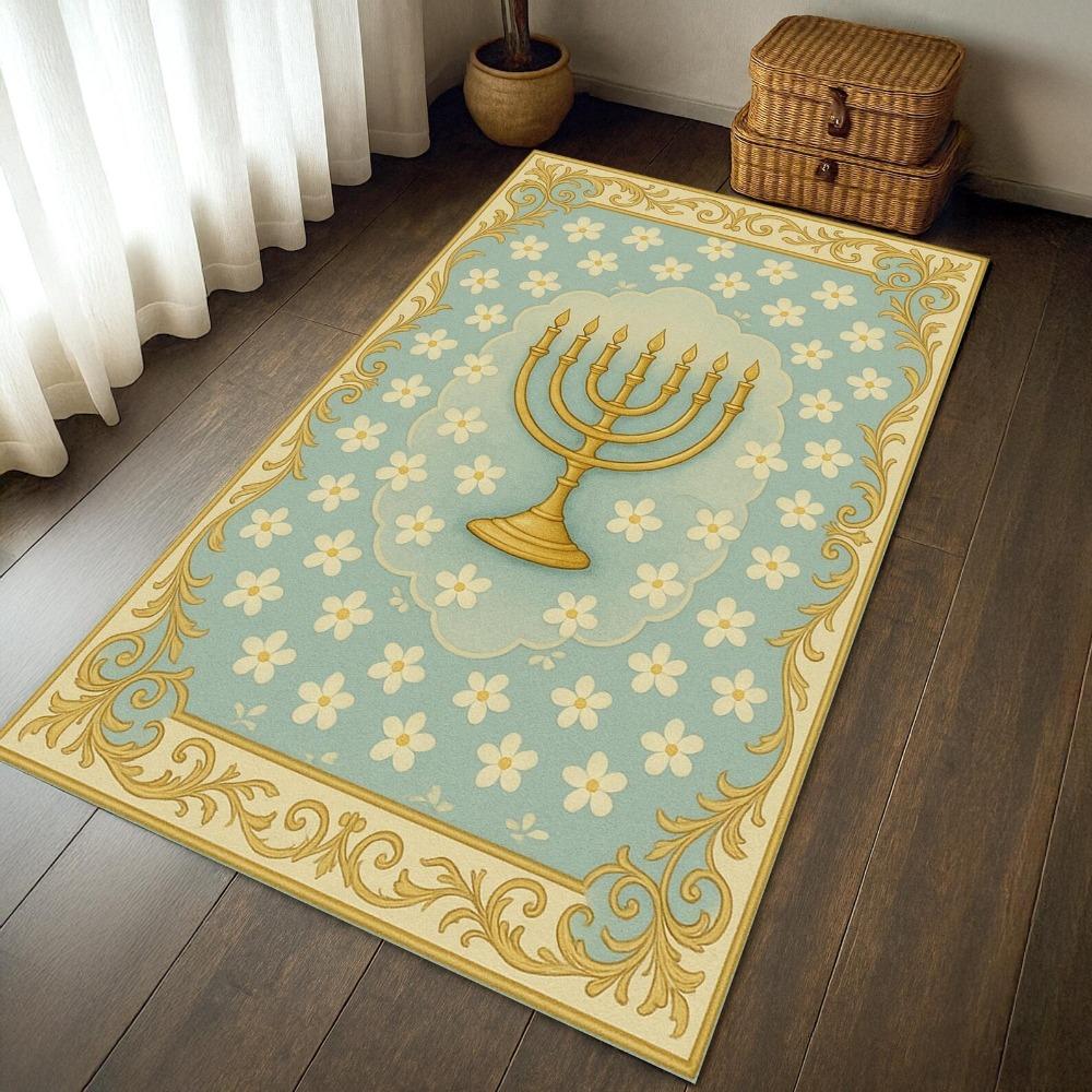 Golden Seven Branch Menorah Hanging Star David Grid Black Background Thin Star Border Anti-slip Area Rug Jewish Holiday Decor Floor Mat