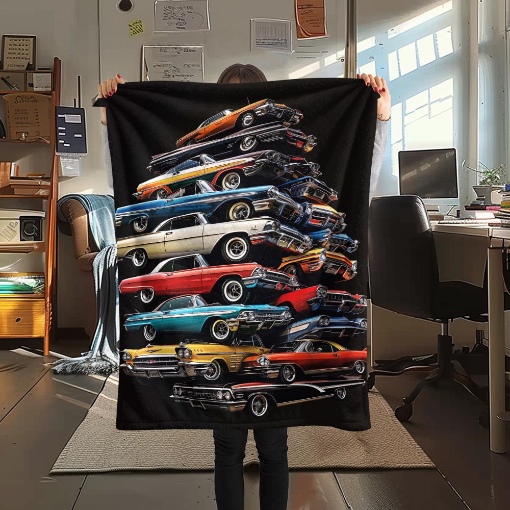1Pc Vintage Car Print Flannel Blanket, High quality Comfortable for All Seasons, Home Decor, Warmth and Comfort, Perfect for Christmas Gifts