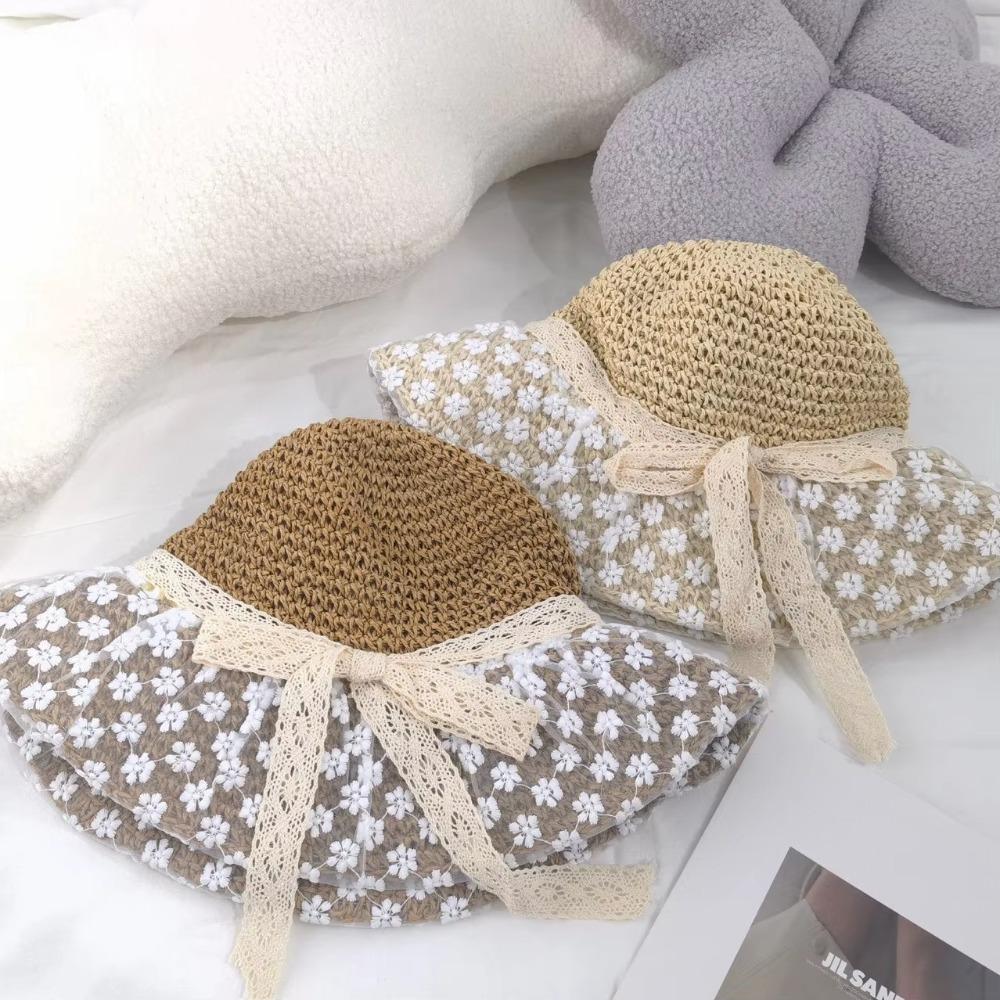 Large Brim Flower Sun Hat Breathable Lace Bowknot Sunshade Cap Vacation Woman's Straw Hat  Travel