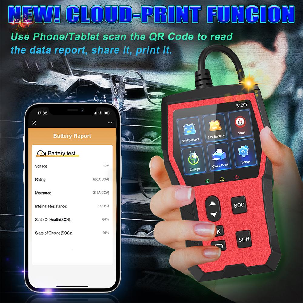 Intelligent Digital Car Battery Tester BT207 Diagnostic Tool 12V 24V Automotive Battery Detector Cloud Print LCD Digital Display