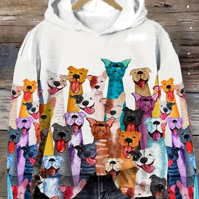 Модная женская толстовка с капюшоном с принтом в виде собаки, подходит для весны и осени, повседневная толстовка с длинными рукавами и завязками на завязках и карманах