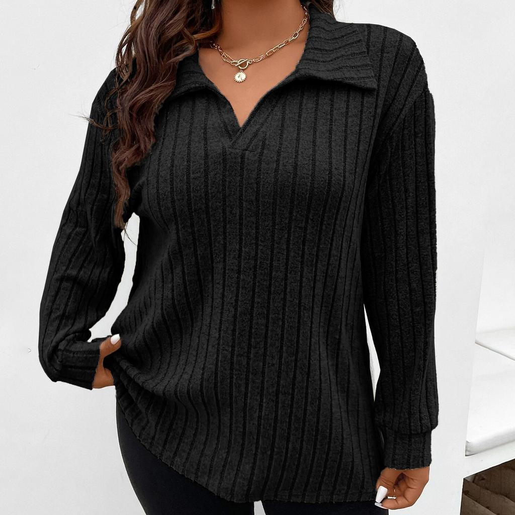 Осенние и зимние модели однотонной свободной женской блузки большого размера с V-образными лацканами и длинными рукавами в полоску с начесом