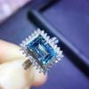 New Hyperbole Rectangle-shaped Rings for Women with Bright Blue Cubic Zirconia Stone Fashion Luxury Lady's Ring Party Jewelry