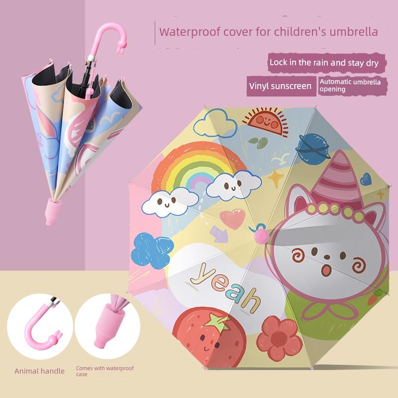 Children's Lightweight Umbrella for Boys and Girls, Kindergarten, Dual-Use for Rain and Sun, with Waterproof Cover, Sun Protection, Long Handle