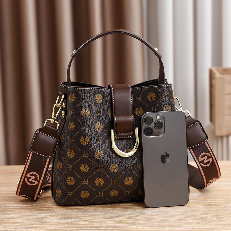 Stylish Vintage Ladies Bucket Bag With Floral Print In Coffee Beige And Earthy Yellow Colors