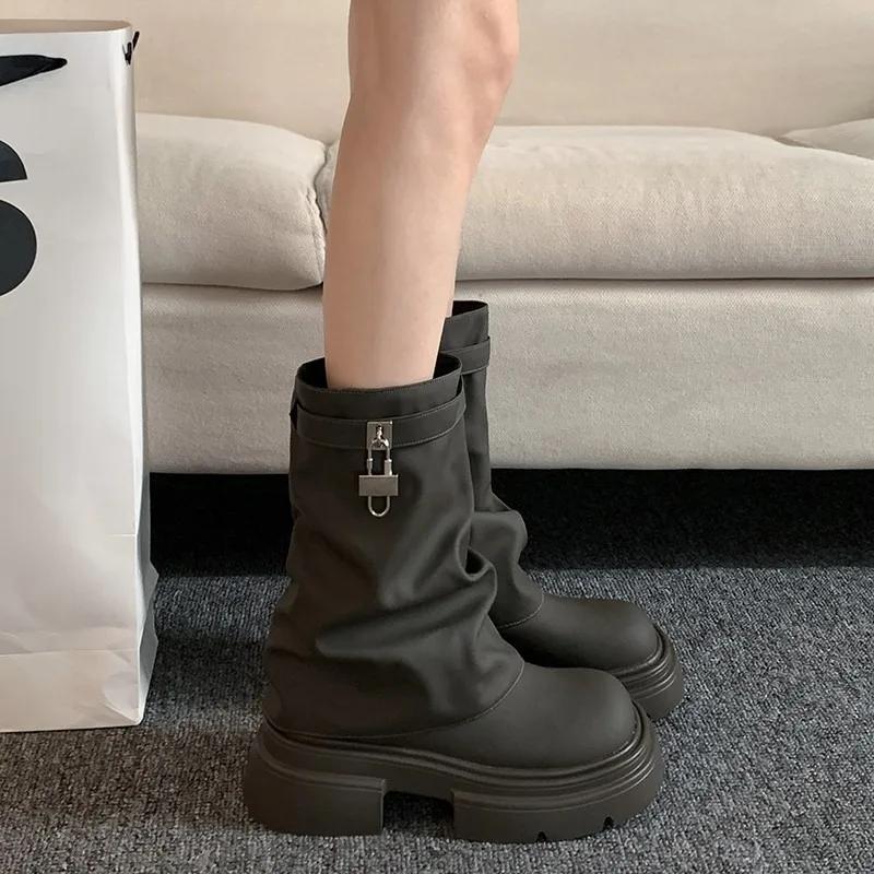 Дизайнерская обувь для женщин Уличная мода Женские сапоги Удобные толстые подошвы Женские сапоги до середины голени Zapatos De Mujer