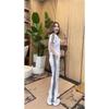 Women Striped Tracksuit 2 Piece Outfit V Neck Short Sleeve Top Wide Leg Pants Set Casual Loose Sport Suit Middle Age Mom Daily Wear