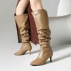 Quality Pleated PU Leather Motorcycle Knee High Boots Womens Fashion Pointed Toe Slip On High Heels Lady Party Denim Shoes 34-48