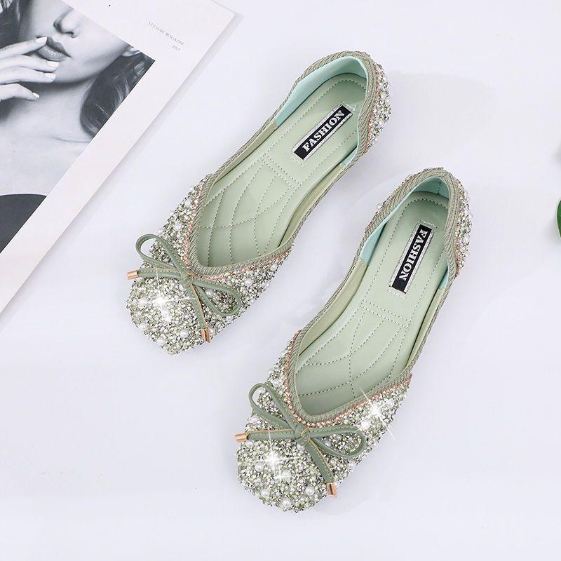 Bow Shallow Mouth Ladyshoes Flat Shoes Women's 2025 Spring and Summer New Rhinestone Single Shoes Women