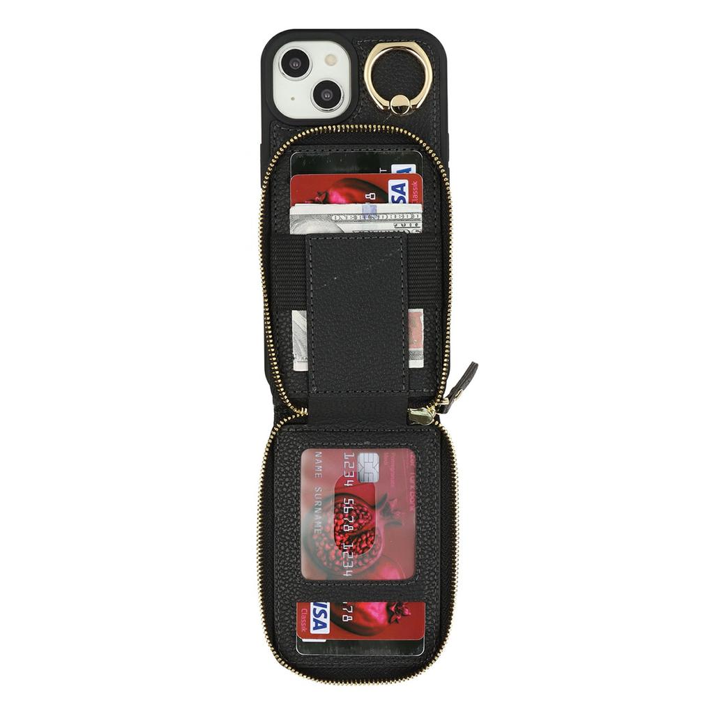 For iPhone 14/13 Case with Zipper Pouch/Ring Kickstand/Strap Litchi Texture PU+TPU Phone Cover