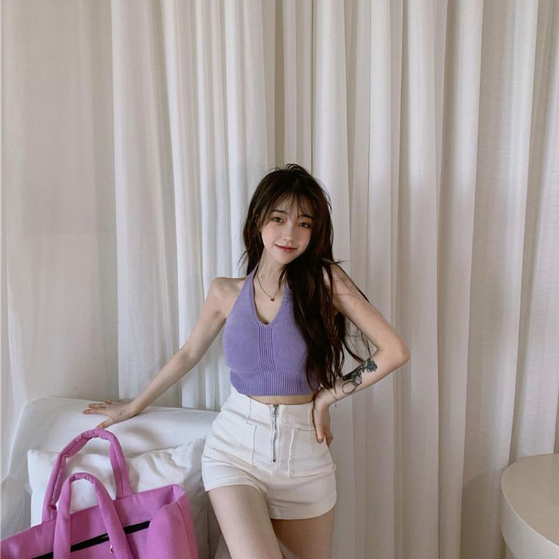 Короткая трикотажная футболка из ледяного шелка, майки, летние женские топы с подвесным воротником, сексуальная рубашка с v-образным вырезом и внутренней нижней частью