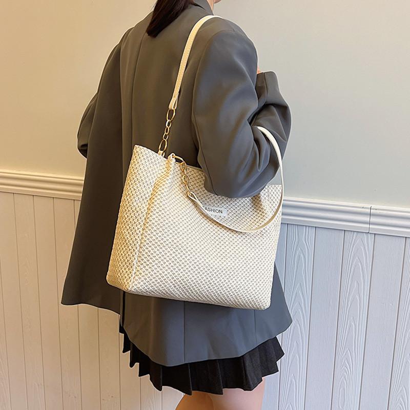Trendy Korean Simple Design Woven Tote Bag Fashionable Beige And Khaki Options