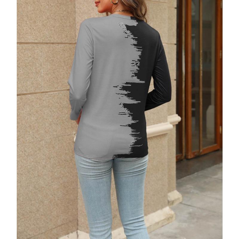 Весенне-осенняя женская блузка с v-образным вырезом и принтом, топ с длинными рукавами