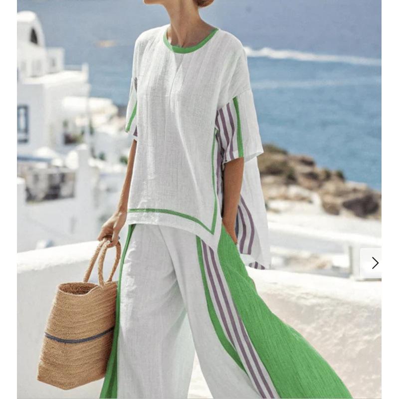 A new summer women's clothing, printed striped color matching medium-sleeved crew neck top, straight casual suit.