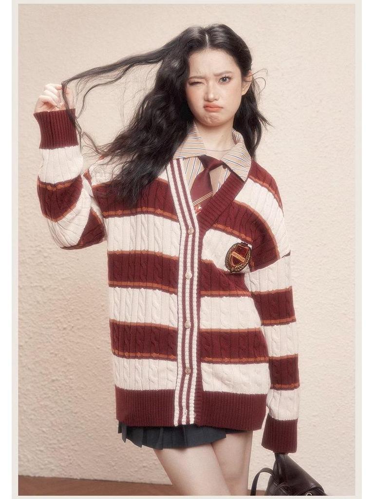 Женский кардиган-жакет Harry Potter x JK с контрастным цветным узором и переплетением нитей — стиль колледжа, свободный крой, коллекция осень/зима