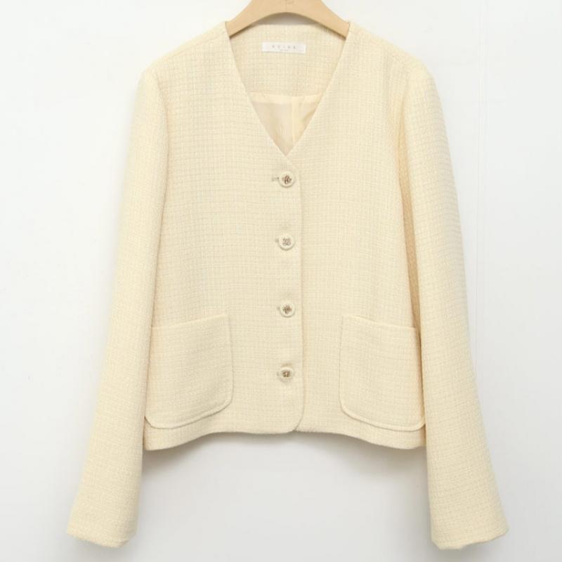Shop Women No Collar Y Button Check Tweed Spring Jacket ivorY Rei Wjk 4269