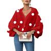 Women's  Casual French Polka Dot Half Open Neck Loose Bubble Long Sleeve Top