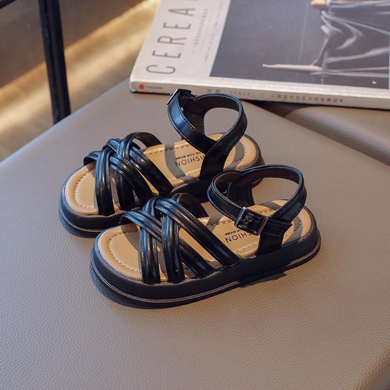 Сандалии для девочек с перекрестными ремешками в корейском стиле, детские летние новые открытые римские сандалии, стильные детские туфли с открытым носком и толстой подошвой