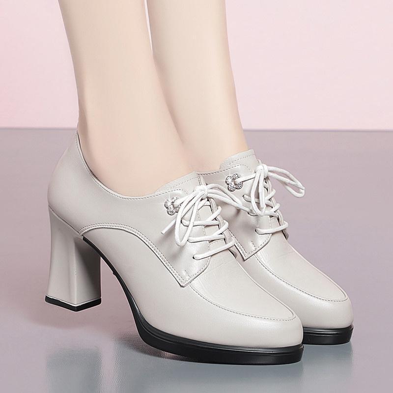 Модные весенне-осенние женские туфли-лодочки, модные туфли-лодочки с глубоким вырезом, удобные туфли из мягкой кожи на шнуровке, одинарные туфли, туфли на высоком каблуке для мамы