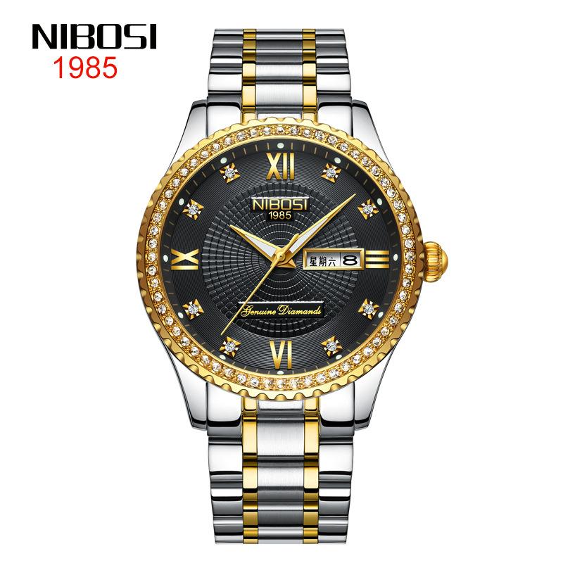 NIBOSI Diamond Set Золотые часы Двойной календарь 3-контактный твердый стальной ремешок Мужские часы 30 м Водонепроницаемые светящиеся в темноте золотые мужские часы