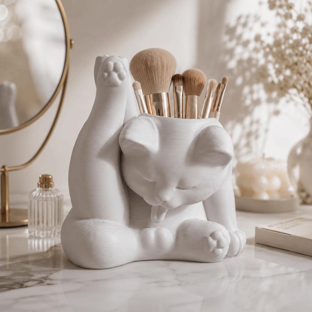 Funny Makeup Brush Holder 3D Printed Desk Storage Box Licking Paw Cat Statue  Stationery Storage