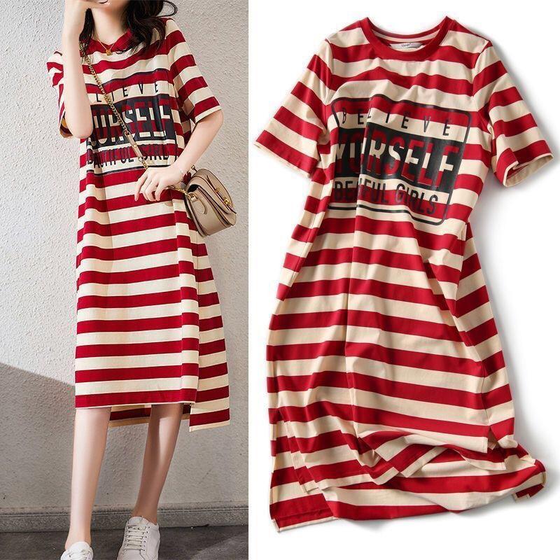 Striped Print Short Sleeve Midi Dress Summer Aesthetic Clothes Fashion Casual Harajuku Dresses for Women